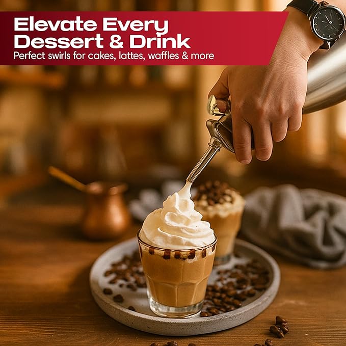 Chef Master (2 Pint / 1 Liter) Stainless Steel Whipped Cream Dispenser - Decorating Tips for Desserts, Latte + Cleaning Brush - Whip Cream Dispenser Canister for Home, Bakery or Restaurant - 90079