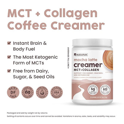 NativePath Keto Coffee Creamer Powder Mocha Latte — Keto-Friendly, Non-Dairy & Low Sugar Creamer. Made with Grass-fed Collagen Protein Powder, MCT Oil & Monk Fruit. Soy & Gluten Free (7.4 OZ)