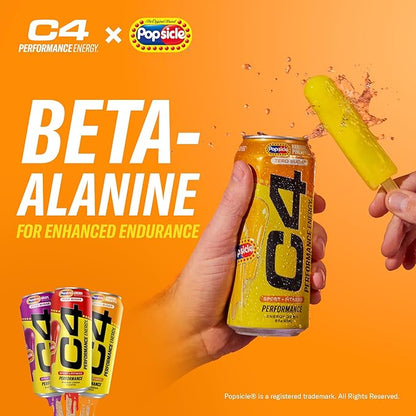 C4 Energy Drink x Popsicle Variety Pack, Carbonated Sugar Free Pre Workout Performance Drink with no Artificial Colors or Dyes, 3 Flavors - Grape, Hawaiian Pineapple, and Cherry, 16 Oz, Pack of 12