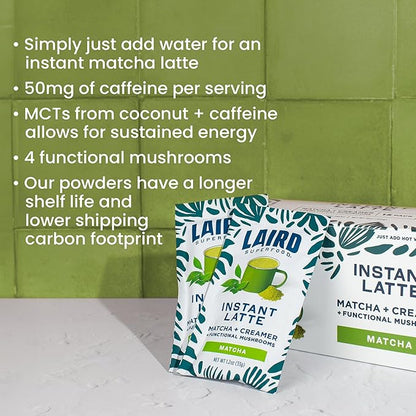Laird Superfood Instant Latte Matcha, Non-Dairy, Superfood Creamer, Gluten Free, Non-GMO, Vegan, 15pk Sachets