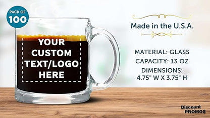 Custom Libbey Clear Glass Coffee Mugs 13 oz. Set of 100, Personalized Bulk Pack - Perfect for Coffee, Tea, Espresso, Hot Cocoa, Other Beverages - Clear Bottom