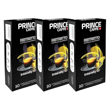 Prince Caffe Espresso Pods – Ristretto Intensity 10, Dark Roast, The Espresso Coffee Pods Are Compatible with Nespresso Original Line Machines, 30 Count (3 x 10 Capsules) Premium Quality Coffee Capsules.