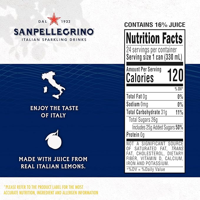 Sanpellegrino Italian Sparkling Drink Limonata, Sparkling Lemon Beverage, 24 Pack Of Cans