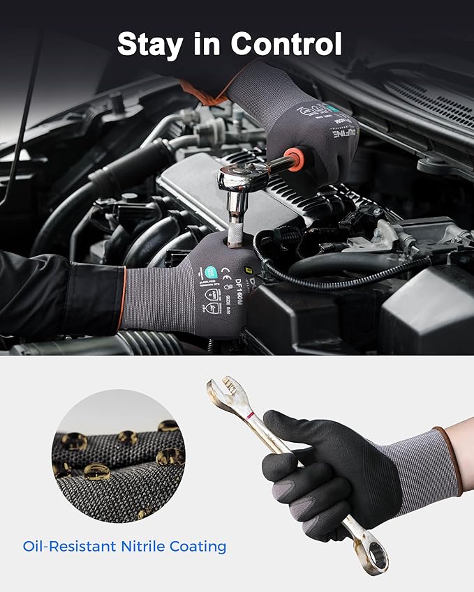 DULFINE Safety Work Gloves MicroFoam Nitrile Coated-6 Pairs Pack,Seamless Knit Nylon Glove with Black Micro-Foam Nitrile Grip,Ideal for General Purpose,Automotive,Home Improvement,Painting(Small)