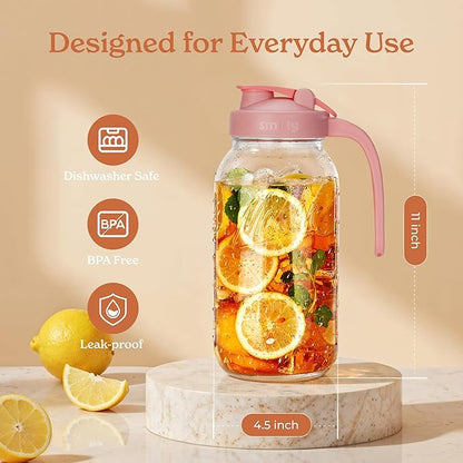 SMIRLY 64 oz Mason Jar Pitcher,Glass Pitcher with Wide Mouth,Water Jug with Double Leak Proof Lid for Iced Coffee,Hot Water,Breast Milk