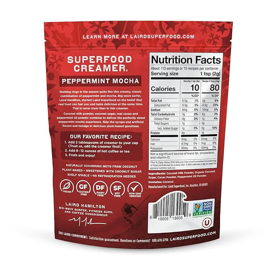 Laird Superfood Non-Dairy Original Superfood Peppermint Mocha Coconut Powder Coffee Creamer, Gluten Free, Non-GMO, Vegan, 8 oz. Bag, Pack of 1