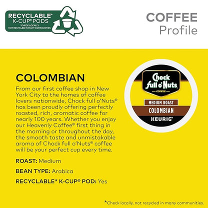 Chock Full o'Nuts Colombian Coffee, Compatible with K-Cup Pods, 12 CT (Pack of 6)