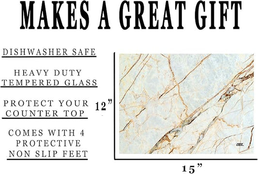 Rogue River Tactical White Brown Marbled Stone Pattern Textured Marble Art Kitchen Glass Cutting Board Modern Decorative Gift Abstract Wavy Contrast Design