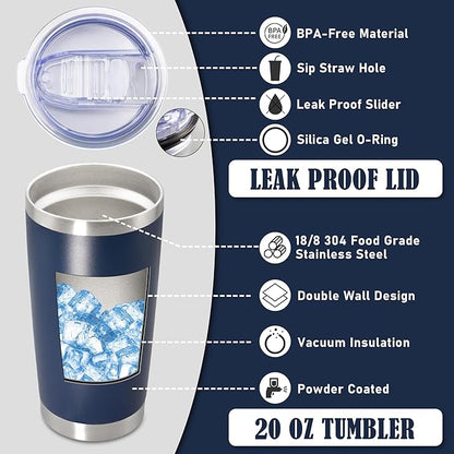 20 oz Tumbler Coffee Tavel Tumblers Bulk with Lid Stainless Steel Double Wall Vacuum Insulated Mug Powder Coated Cups fit Car Cupholder for Hot and Cold - Navy, 8Pack