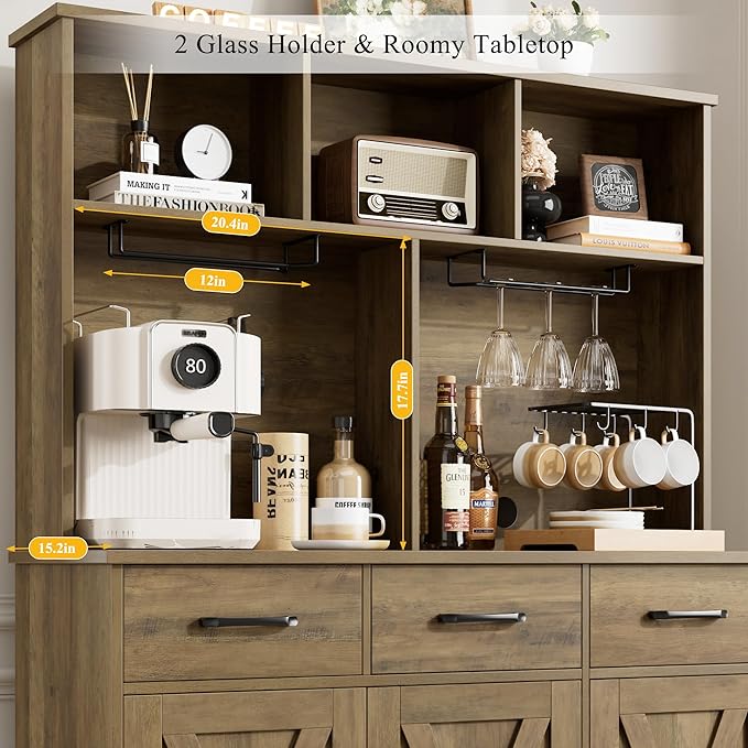 HOSTACK Buffet Cabinet with Hutch, Modern Farmhouse Kitchen Buffet Sideboard Storage Cabinet with 3 Drawers, Barn Door Coffee Bar Station for Dining Room, Living Room, Rustic Brown
