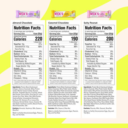 Nick's Protein Bars Chocolate Variety Pack High Protein, Low Calories, Low Carb Keto Friendly Snacks No Added Sugar, Salty Peanut, Chocolate Caramel and Almond Chocolate (12 Pack)