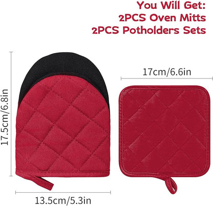 Oven Mitts and Pot Holders Set, Pack of 4, Heat Resistant Silicone Kitchen Mini Oven Mittens for 500 Degrees, Mini Oven Gloves and Hot Pads for Baking Grilling Barbecue Microwave Machine Washable