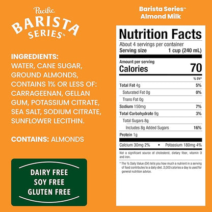 Pacific Foods Barista Series Original Almond Milk, Plant Based Milk, 32 oz Carton (Pack of 4)