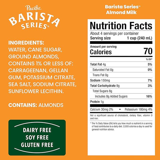 Pacific Foods Barista Series Original Almond Milk, Plant Based Milk, 32 oz Carton (Pack of 4)