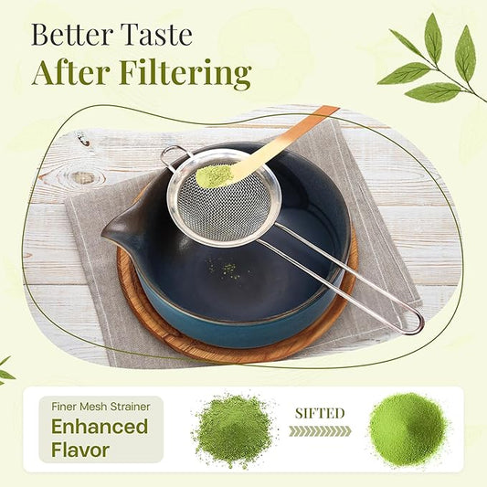Matcha Whisk Set,includes Matcha Bowl,Matcha Whisk and Holder by Bamboo, Spout, Matcha Sifter Strainer Spoon Scoop Chasen Holder Towel- Perfect Japanese Matcha Set(8 Pcs Blue)