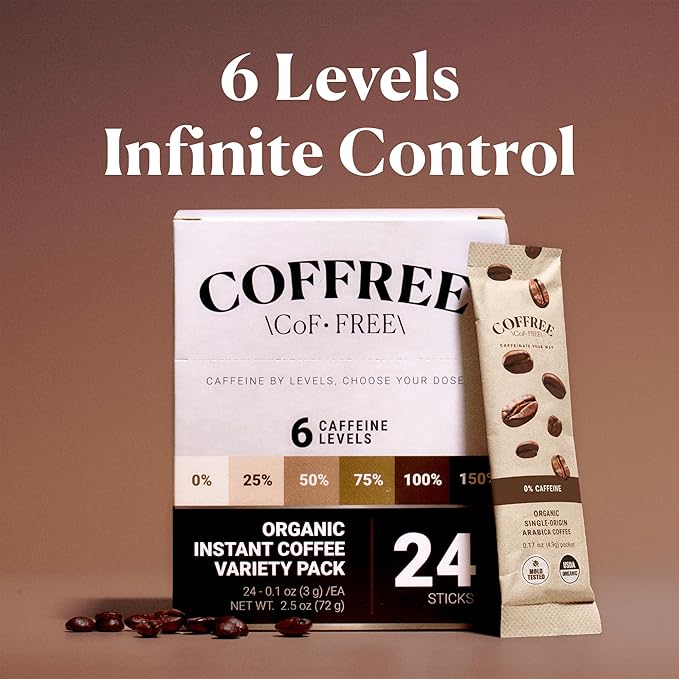COFFREE Organic Instant Coffee Packets - 50% Half Caff Low Acid, Mold Free Coffee Made with Arabica Coffee Beans - Rich & Smooth Taste - Hot or Cold Single Serve Travel Packets 24 Pack Box