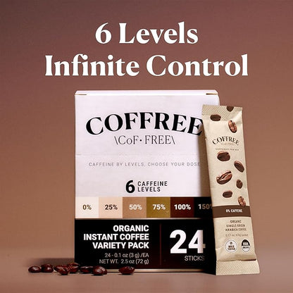 COFFREE Organic Instant Coffee Packets - 50% Half Caff Low Acid, Mold Free Coffee Made with Arabica Coffee Beans - Rich & Smooth Taste - Hot or Cold Single Serve Travel Packets 24 Pack Box