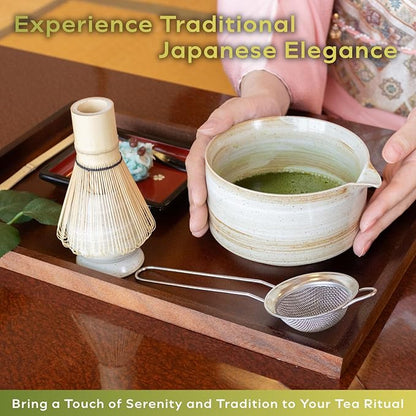 Japanese Matcha Set | Matcha Bowl with Spout | Whisk & Holder | Bamboo Scoop & Stainless Sifter | 5-Piece Traditional Matcha Kit | Designed in Japan |「Rustic Beige」