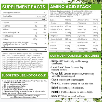 PowderVitamin Organic Ceremonial Mushroom Matcha Certified Pesticide-Free Grass-Fed Collagen Types I & III 8 Fruiting Body Mushrooms Tested for Beta-Glucans Focus Digestion & Immunity 30 Servings