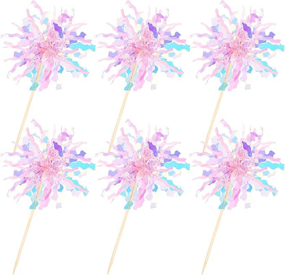 30 PCS Foil Firework Cupcake Toppers Sparkle Tinsel Cupcake Picks Happy Birthday Cake Toppers Drink Stirrers Cocktail Food Fruit Toothpicks for Baby Shower Wedding Party Decorations Supplies Pink