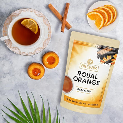 BREWIX, Royal Orange Spice Black Tea (25 Pyramid Tea Bags) | Premium Caffeinated Blend with Zesty Orange & Warming Spices | Warming Winter Blend Perfect for the Holidays | Iced Tea Bags | Sugar-Free