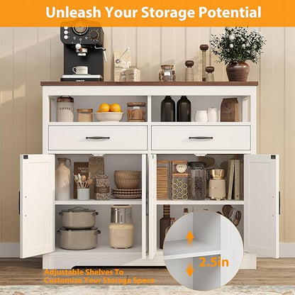 Buffet Sideboard with Storage Farmhouse with 4 Doors, 47'' Large Kitchen Storage Cabinet Wood Coffee Bar Cabinet Buffet Table with Shelves for Kitchen, Dining Room, Entryway