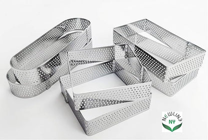 NewlineNY Stainless Steel 6 Pcs Perforated Oval, Rectangular, Square Tart Rings Molding Plating: 2 of each (5" x 1.5") + (4" x 1.5") + (2.8" square) x (0.8" H) Sizes