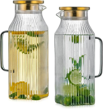 2 PACK Square Glass Pitcher with Lid and Spout,68 oz/2 Liter Vertical Stripes Water Pitcher for Fridge, Borosilicate Glass Water Carafe for Cold Brew, Coffee, Lemonade, Sun Tea,Heat Resistant