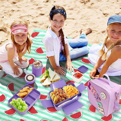 Preppy Lunch Box for Girls with 10oz Thermo, with 6 Compartment Bento Box, Purple Nylon Insulated Lunch Bag Adjustable Strap for Girl Kids Teens School Travel Picnic