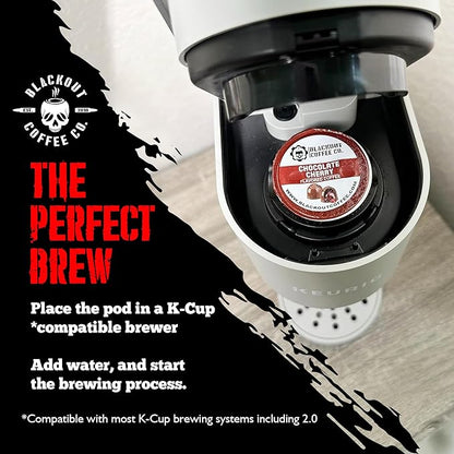 Blackout Coffee Chocolate Cherry Flavored Pods - Freshly Roasted in the USA - K-Cup Compatible Single-Serve Pods (18 Count)