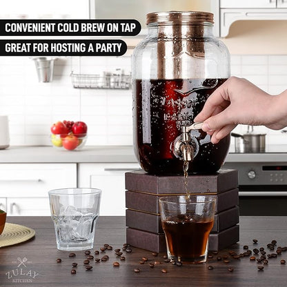 Zulay Kitchen 1 Gallon Cold Brew Coffee Maker - Large Iced Tea & Cold Brew Pitcher with Extra-Thick Glass & Stainless Steel Infuser - Drink & Beverage Dispenser Jar with Airtight Lid & Spout Rose Gold