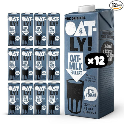 Oatly Full Fat Oatmilk – Creamy, Plant-Based Whole Milk Alternative | Dairy-Free, Vegan, Shelf-Stable, Non-GMO & Glyphosate Residue-Free | Only 1g Saturated Fat (32 oz, 12-Pack)
