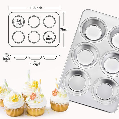 TeamFar Muffin Pan, 6 Cup Muffin Baking Tins Pans, Cupcake Pan Tray Set Stainless Steel for Baking Cakes Cornbread Tarts and More, Healthy & Non Toxic, Oven & Dishwasher Safe - Set of 3