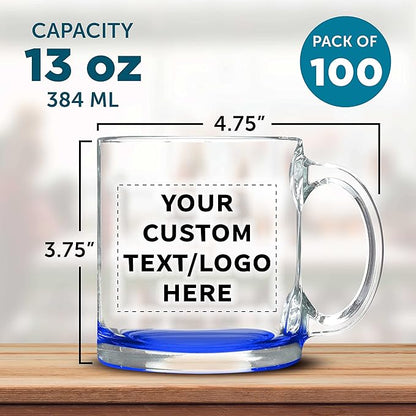 Custom Clear Glass Coffee Mugs 13 oz. Set of 100, Personalized Bulk Pack - Perfect for Coffee, Tea, Espresso, Hot Cocoa, Other Beverages - Blue Bottom
