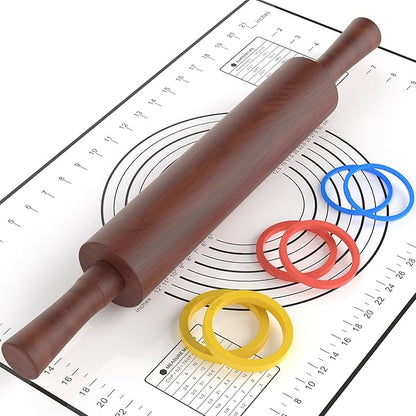 Classic Wooden Rolling Pin with Handle and Pastry Mat for Fondant, Pizza, Pies, Cookies,Rolling Pin for Baking with 3 Multi-Color Thickness Rings,17" x 2.5" (Include handle)