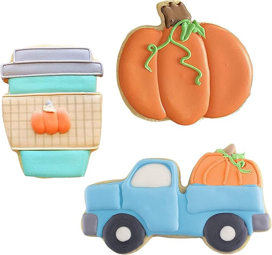 Ann Clark Cookie Cutters Fall Pumpkin Spice Cookie Cutters 3-Pc Set Made in the USA, Pumpkin, Harvest Truck with Pumpkin, Latte Cup