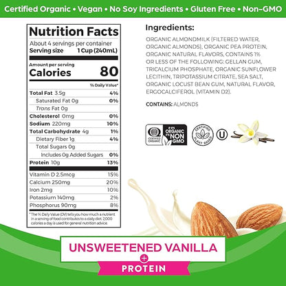 Orgain Organic Vegan Protein Almond Milk, Unsweetened Vanilla - 10g Plant Protein, Vitamin D & Calcium, No Lactose, Dairy & Soy Ingredients, Gluten Free, No Sugar Added, 32 Fl Oz (Pack of 6)