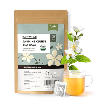 Fescha Organic Jasmine Green Tea Bags Flower-scented Tea (100-count), Eco-Conscious Tea Bags, Packed by Resealable Kraft Bag
