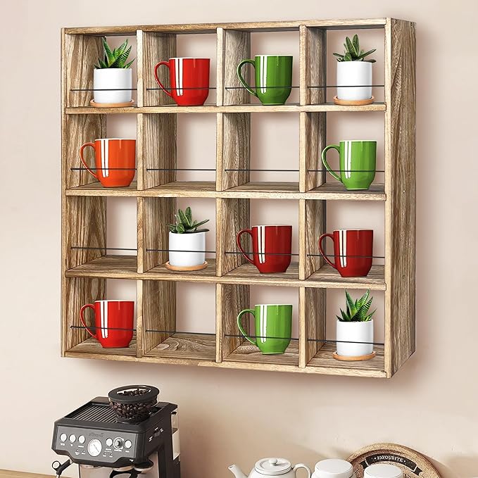 Montex Coffee Mug Holder, Mug Rack Wall Mounted, 3 Tier Coffee Mug Shelf, Rustic Coffee Mug Display Rack for Kitchen, Home, Coffee Bar(16 Grids)