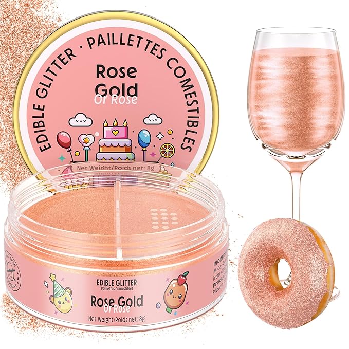 Nomeca Edible Glitter for Drinks Cakes, 8 grams Food Grade Luster Dust Sprinkles Glitter for Cake Decorations, DIY Cocktails, Beverages & Cake Decorating, Dessert Cake Topper (8-Rose Gold)