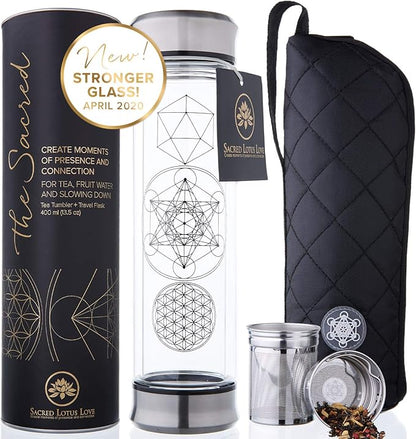 Sacred Lotus Love Double-Walled Glass Tea Infuser Bottle - Portable Travel Mug with Strainer and Sleeve for Loose Leaf Tea, Coffee, Smoothies - Insulated Tumbler with Lid for Hot and Iced Beverages