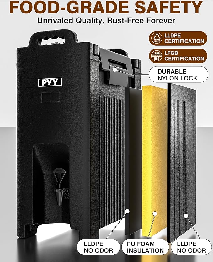 PYY Insulated Beverage Dispenser 5 Gallon - Hot and Cold Drink Container with Handles, Thermal Drink Dispenser Cooler Server carrier For Commercial Catering Black