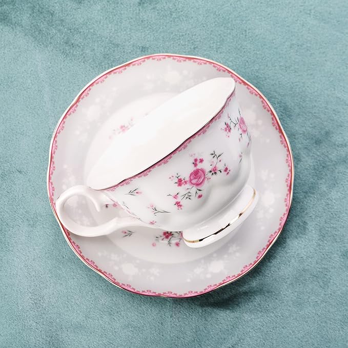 fanquare Vintage Porcelain Tea Set for Women Tea Party, Cup and Saucer Set for 6, Wedding Floral Teapot Set for Adults, Pink Rose