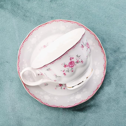 fanquare Vintage Porcelain Tea Set for Women Tea Party, Cup and Saucer Set for 6, Wedding Floral Teapot Set for Adults, Pink Rose