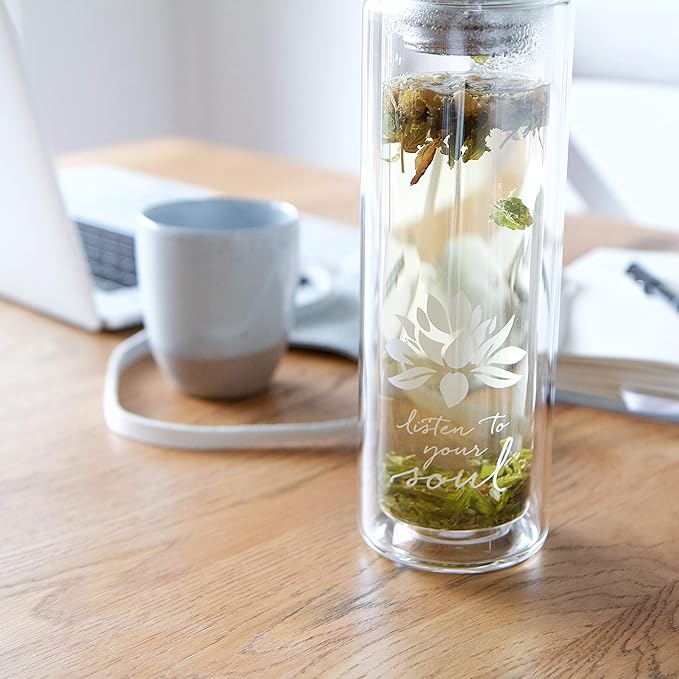 Sacred Lotus Love Double-Walled Glass Tea Tumbler with Infuser and Strainer 15oz - Perfect for Loose Leaf Tea, Cold or Hot Water Bottle, Fruit Drinks - Comes with Travel Sleeve and Cozy