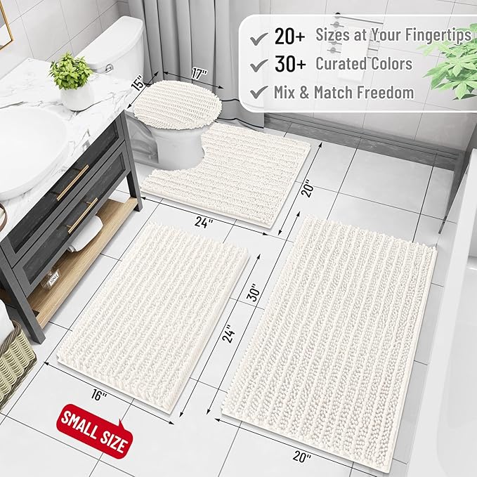 Arotive Luxury Chenille Bathroom Rug Mat, Extra Soft Thick Absorbent Shaggy Bath Rugs, Non-Slip Machine Wash Dry, Plush Bath Mats for Bathroom, Shower and Tub, 60x24, Ivory