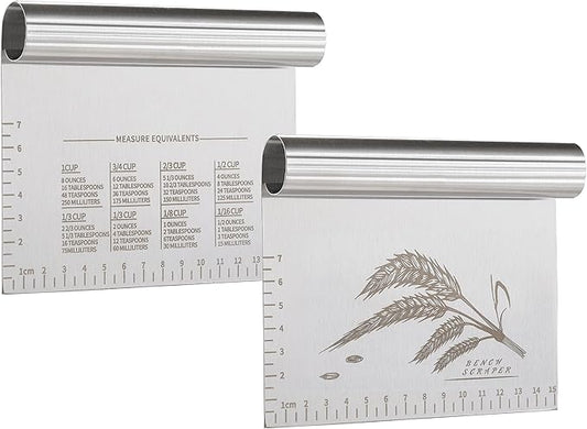 2PCS Dough Pastry Bench Cutter Scraper, OLULU Stainless Steel Kitchen Food Scraper with Protective Cover, Anti-Wear Laser-Engraved Measuring Scale and Ear Of Wheat, Dishwasher Safe (2Pack, 6 inch)