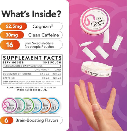 Nectr Energy Nootropic Pouches – Berry Blast Flavored, Caffeine Pouches with Cognizin® Citicoline. Sugar-Free Brain Treats. Smooth, Sustained Focus & Energy Supplement - 5 Pucks of 16pcs