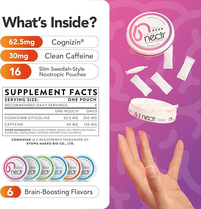 Nectr Energy Nootropic Pouches – Atomic Apple Flavored, Caffeine Pouches with Cognizin® Citicoline. Sugar-Free Brain Treats. Smooth, Sustained Focus & Energy Supplement - 5 Pucks of 16pcs