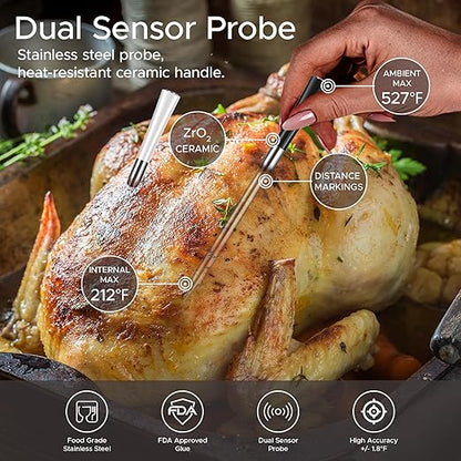 CulinaMeter Two: 2 Probes Wireless Meat Thermometer with LCD Screen, 700FT Digital Cooking Food Thermometer for Beef Lamb Turkey, Dual Sensor Measures Internal & Ambient Temp